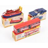 3 Dinky Toys. S.R.N.6 Hovercraft (290). In metallic red and blue. Single Decker Bus (283). In red