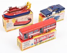 3 Dinky Toys. S.R.N.6 Hovercraft (290). In metallic red and blue. Single Decker Bus (283). In red