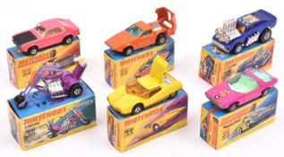 6x Matchbox New Superfast. Datsun 126X (33d). Stingeroo (38c). Vauxhall Guildsman in pink (40d).