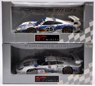 2 UT Models 1:18 scale Porsche 911 GT1 racing cars. An example in Mobil 1 white/blue patterned