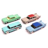 4 Dinky Toys American Cars. Plymouth Plaza (178), in light blue with dark blue roof and flash.
