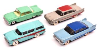 4 Dinky Toys American Cars. Plymouth Plaza (178), in light blue with dark blue roof and flash.