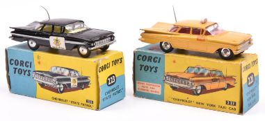 2 Corgi Toys Chevrolet Impalas. A New York TAXI Cab (221), in yellow with red interior with dished