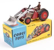 A Corgi Toys Massey-Ferguson 65 Tractor with Fork and Driver (57). In red and cream with red