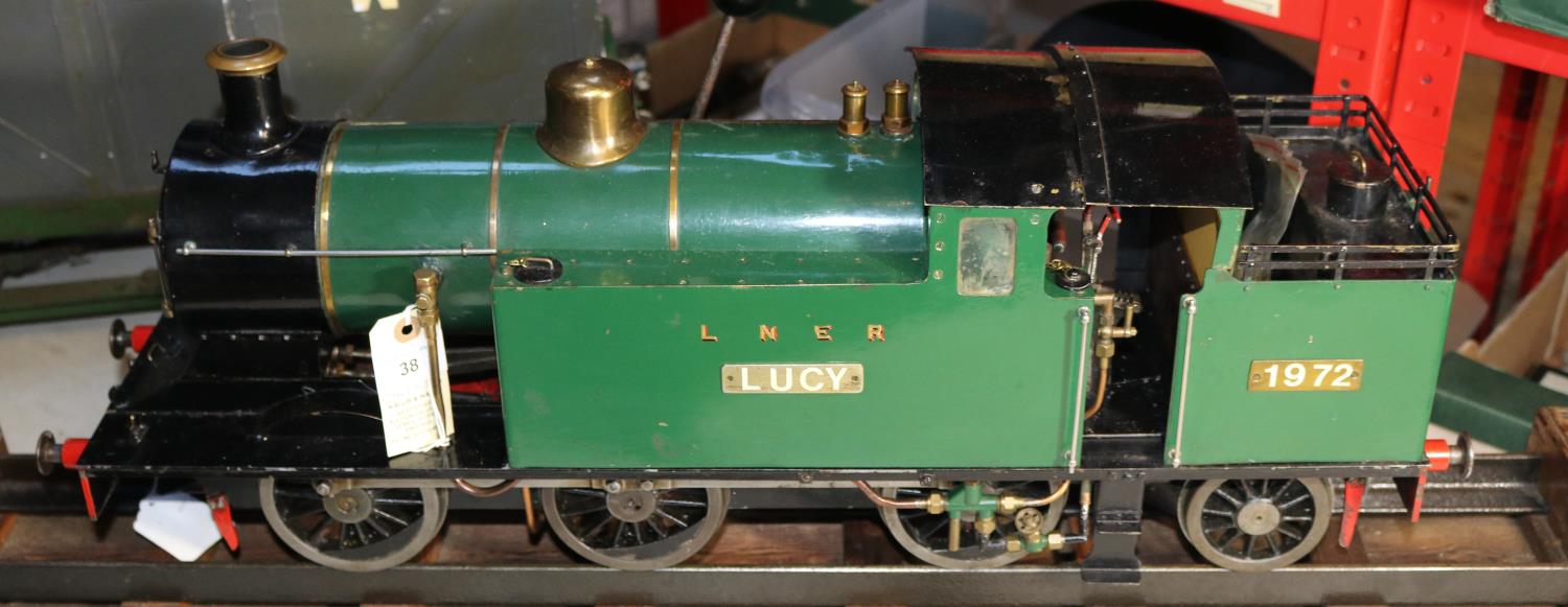 A 3.5 inch gauge live steam LBSC locomotive 'Mona'. An LNER 0-6-2T loco in green livery, 'Lucy'