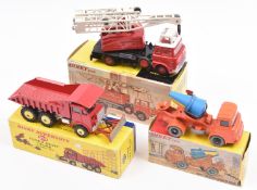 3 Dinky Toys. Foden Dump Truck, with bulldozer blade (959). In red with silver chassis, yellow