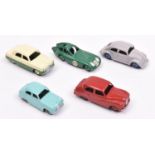 5 Dinky Toys Cars. Volkswagen (181) in light grey with mid blue wheels. Ford Zephyr (162) in cream
