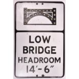 A Low Bridge Headroom 14'-6" roadside enamelled sign by Gowshall Limited. Black and white enamel