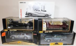 5 1:18 scale cars. BMW Point-of-Sale 1954-63 502 Coupe Cabriolet in cream with red interior. Plus 3x