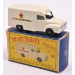 A Matchbox Series Bedford Lomas Ambulance (14c). In cream with black plastic wheels. Boxed, minor