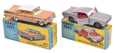 2 Corgi Toys. Chevrolet Impala (248). In light brown with cream roof and cream interior, spun wheels