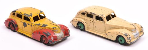 2 Dinky Toys 39 Series Chrysler Royal sedan (39e). A rare U.S. example (39eu) in yellow with red