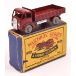 A Matchbox Series ERF Stake Truck (20a). An example in maroon with silver trim and metal wheels.