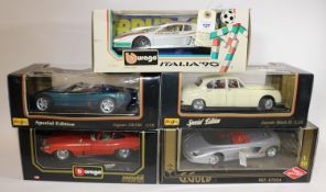 5 1:18 scale cars. Guiloy Ferrari Prototype F1 2-seat sports car in metallic grey. 2x Maisto -