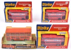 4x Dinky Toys buses. 3x Routemaster Bus (289), Esso Safety Grip Tyres. A Leyland Atlantean City