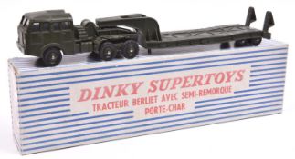 A French Dinky Supertoys Tracteur Berliet Avec Semi-Remorque Porte-Char (890). In military green.