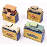 4x Matchbox Series. Austin A55 Cambridge (29b). Ford Prefect (30a). Jaguar XK140 (32a) in off-white.