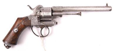 A Belgian 6 shot 9mm Lefaucheux double action pinfire revolver, c 1863, number 98262, round barrel