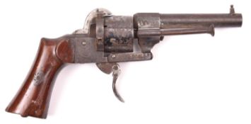 A Spanish 6 shot 7mm self cocking pinfire revolver, c 1865, number 15795, round barrel 90mm,