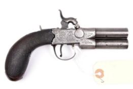 A double barrelled 80 bore over and under tap action percussion boxlock pistol, c 1820, converted
