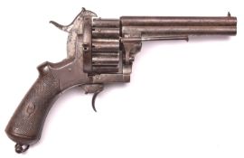 A Belgian double barrelled 20 shot 7mm Lefaucheux double action pinfire revolver, c 1860, the