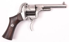 A Belgian 6 shot 7mm Comblain self cocking pinfire revolver, c 1865, round barrel with octagonal