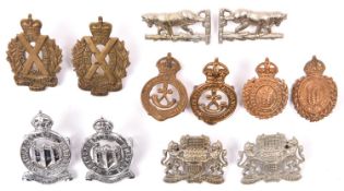 6 pairs of Yeomanry OR’s collar badges: Scottish Horse (brass), Warwickshire, Westmorland &