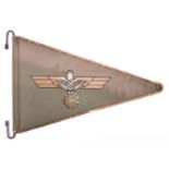 A Third Reich vehicle pennant, 13" x 9", light green material with eagle and swastika embroidery. GC