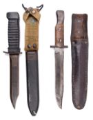 A Ross Rifle bayonet, converted to a trench dagger, in a privately made leather sheath; a post war
