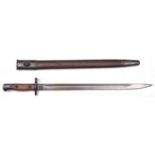 A 1907 pattern SMLE bayonet, by Wilkinson, in its scabbard. GC (dark patina to metalwork with some