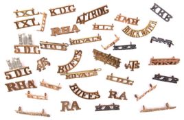 37 brass shoulder titles, mostly WWII type and later, comprising: 6 pairs of Cavalry, including 3DG,