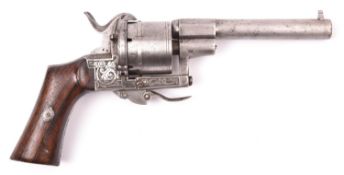 A Belgian 6 shot 9mm Lefaucheux type double action pinfire revolver, c 1865, round barrel with