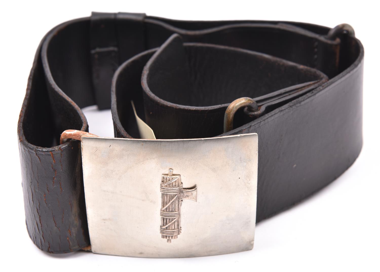 A WWII Italian Fascist black leather waist belt, with WM rectangular buckle. GC £190-200