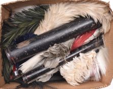 2 tall horsehair plumes, one red, one white, with long metal spikes and gilt ball bases; other black