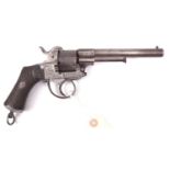 A Belgian 6 shot 9mm Lefaucheux double action pinfire revolver, c 1865, number 115458, round barrel
