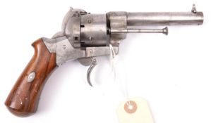 A French 6 shot 9mm Lefaucheux model 1858 self cocking pinfire revolver, number 26943, round barrel