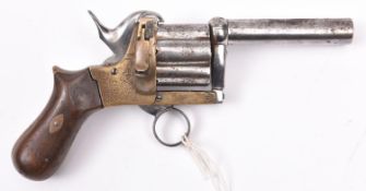 A 6 shot 10mm (?) provincially made brass framed double action ring trigger pinfire revolver,