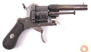 A Belgian 10 shot 5mm double action pinfire revolver c 1865, round barrel 70mm, the breech,