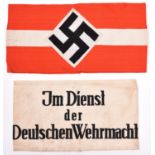 A Third Reich Hitler Youth linen armband, with applied woven device and original paper RZM label,