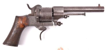 A Belgian 6 shot 9mm Lefaucheux double action pinfire revolver, c 1863, number 20501, round barrel