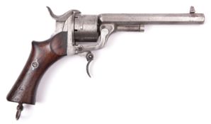 A Belgian 6 shot 9mm Comblain type double action pinfire revolver, c 1860, octagonal barrel 140mm,