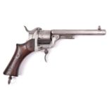 A Belgian 6 shot 9mm Comblain type double action pinfire revolver, c 1860, octagonal barrel 140mm,