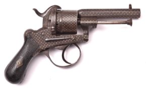 A Belgian 6 shot 7mm Lefaucheux double action pinfire revolver, c 1865, numbered 827 below the