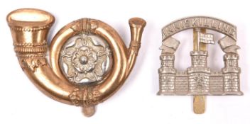 Inniskilling Fusiliers 1926-34 WM cap badge; and large size KOYLI pagri badge, with short slider. GC