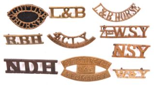 10 Yeomanry OR’s brass shoulder titles: large bronzed NDH, 4th CLY Sharpshooters, 1/1st WSY, WKY,