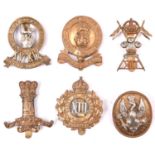 6 Cavalry cap badges: 11th Hussars, 12th Lancers, 13th Hussars, pre 1915 14th Hussars, post 1915