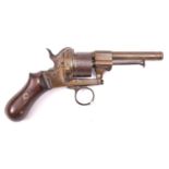 A brass barrelled and brass framed 6 shot 7mm ring trigger double action pinfire revolver, c 1867,