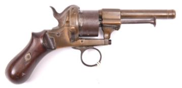 A brass barrelled and brass framed 6 shot 7mm ring trigger double action pinfire revolver, c 1867,