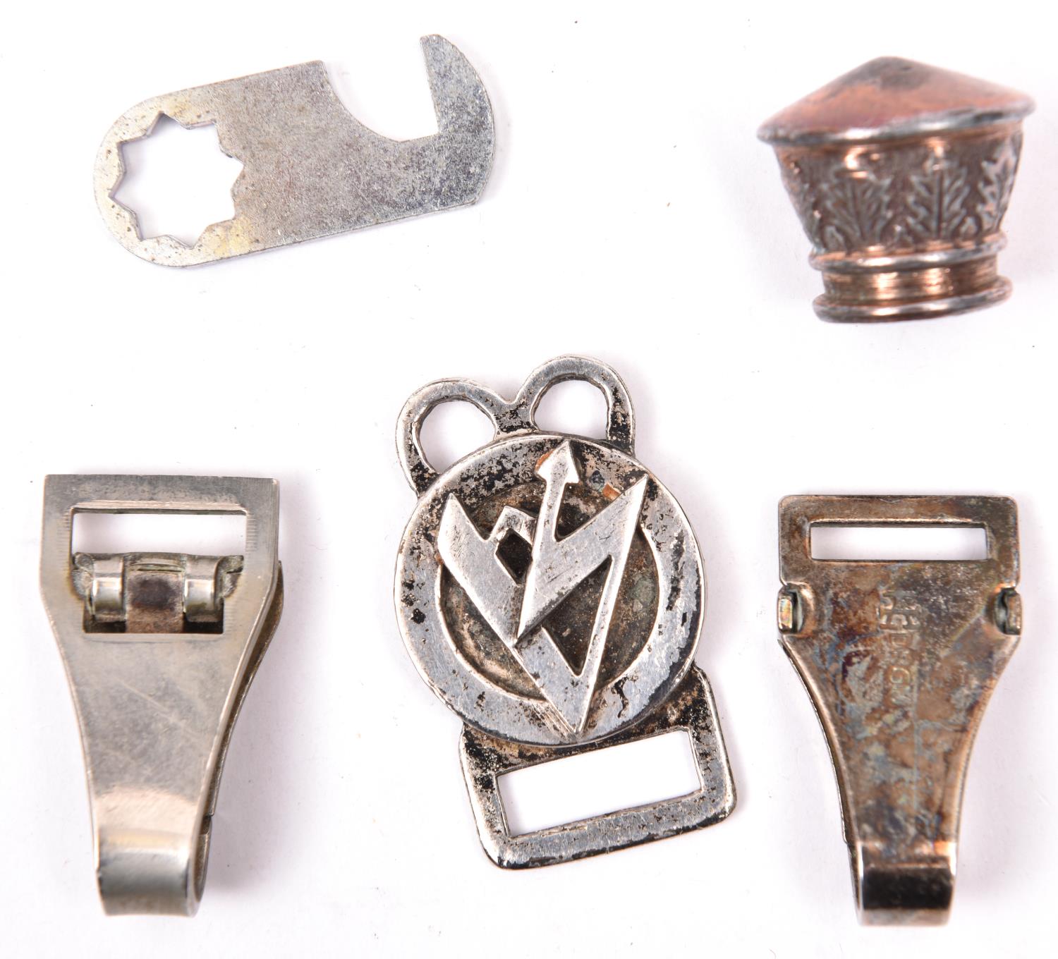 Two plated belt clips for SA dagger hangers; a silver plated belt hanger for SA high leader’s