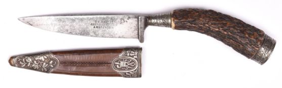 An attractive small 19th century Dutch hunting knife, blade 4" marked “T.F. Bastet, Coutelier du